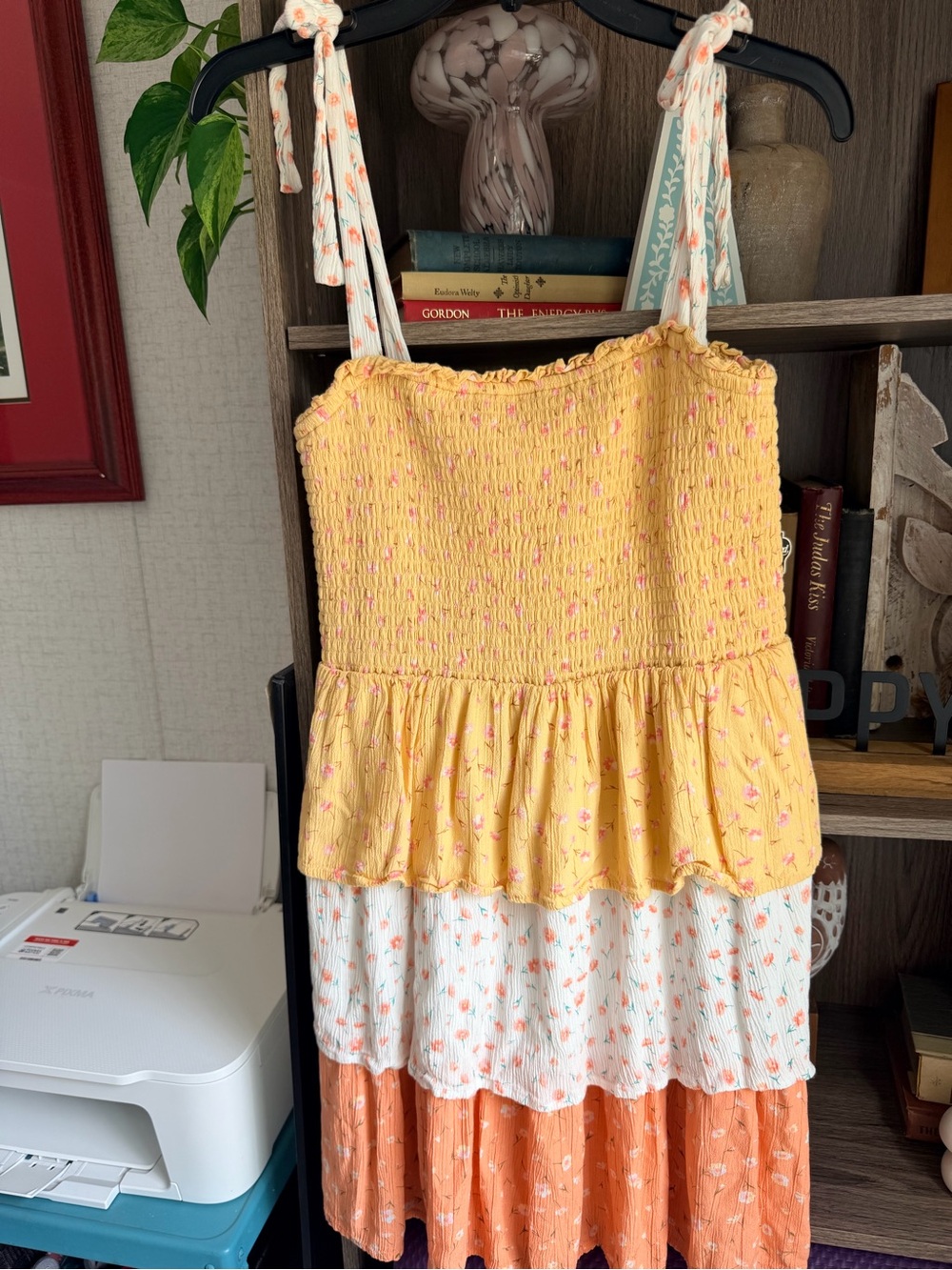 American Eagle Outfitters Tiered Tie-Shoulder Sundress in Yellow, White & Orange